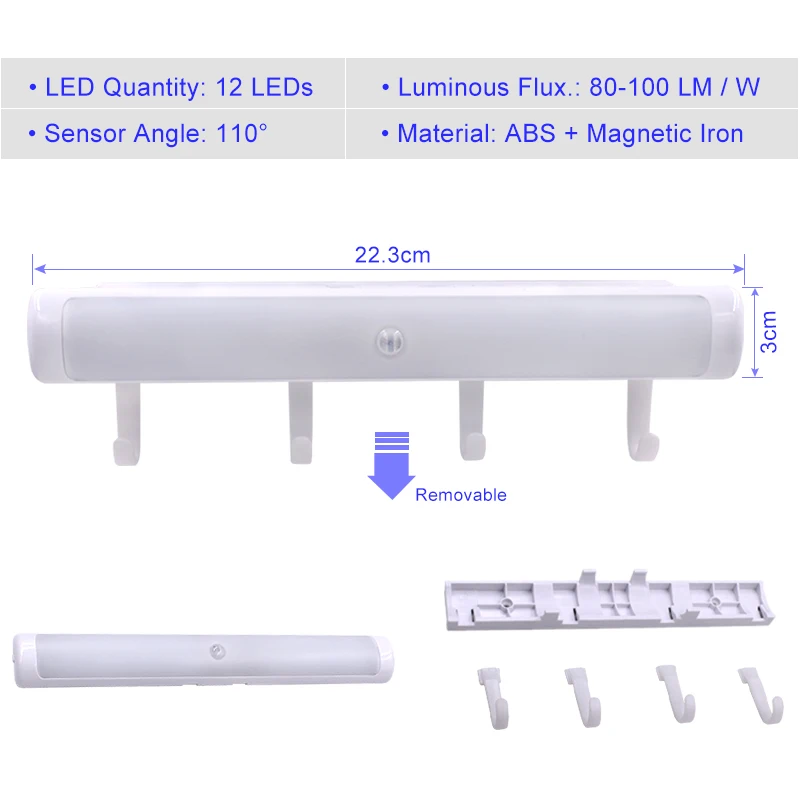 Smart Motion Sensor LED Night Light, Battery Operated, Wireless Night with Hook, Portable Travelling Light for Cabinet, Hallway