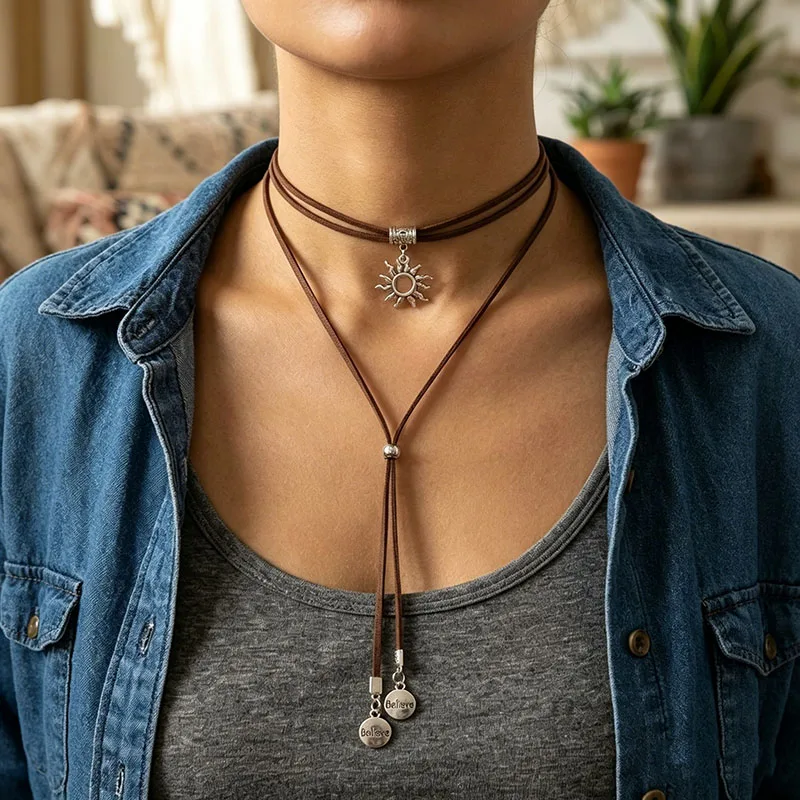 Bohemian Sun Pendant Choker Necklace for Women Vintage Multi-layer Cord Long Tassel Necklaces Retro Statement Jewelry Gift