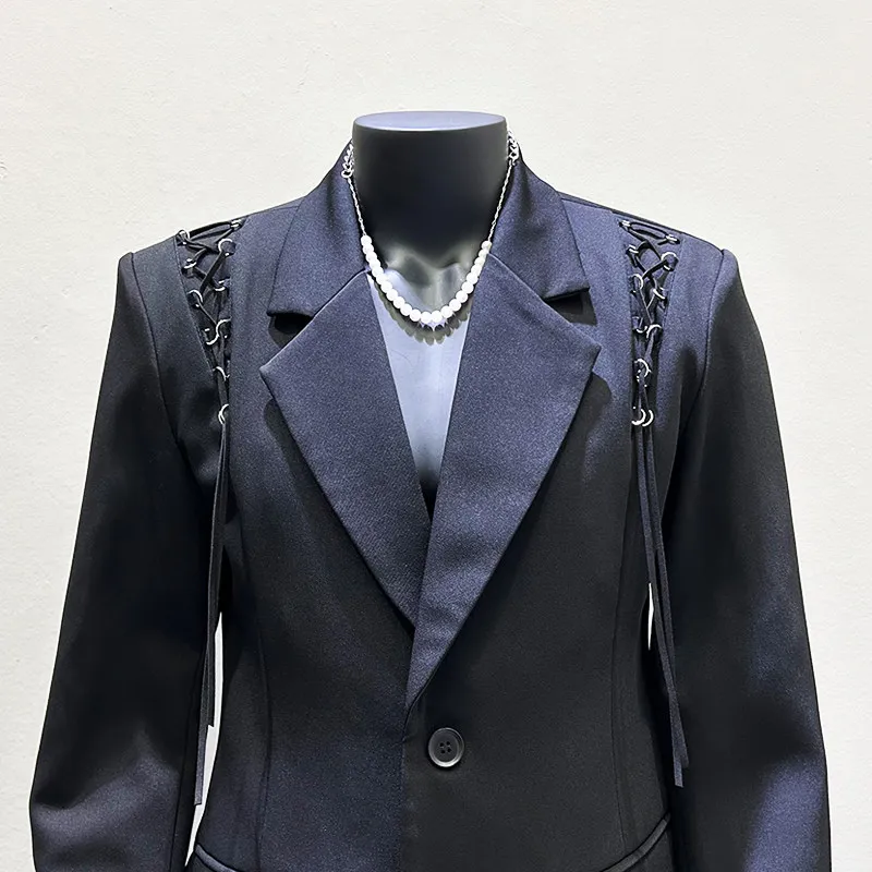 Men's Black with Deconstructed Strap Details and Relaxed Tailoring for Modern Chinese Fashion and Refined Event Dressing