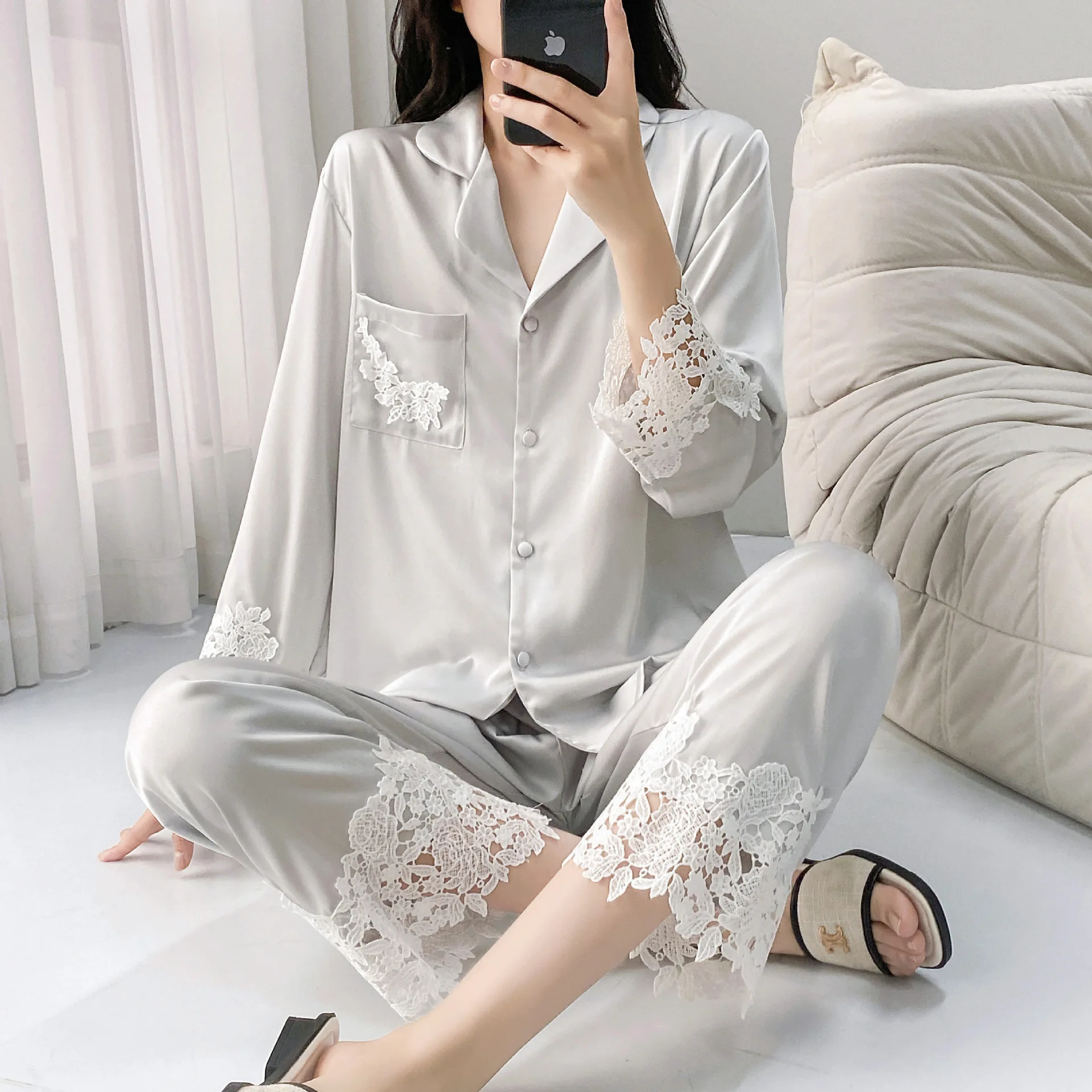 

Embroidery Applique Pajamas Set Sleepwear Home Clothes Spring Summer Nightwear Trouser Suit Loose Casual Loungewear