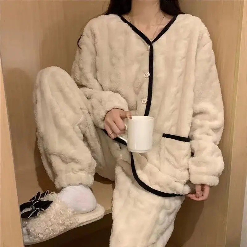 الشتاء المرأة الربيع والخريف منامة قطعتين مجموعات بلون بسيط نمط غير رسمي طويلة الأكمام منامة موضة جديدة