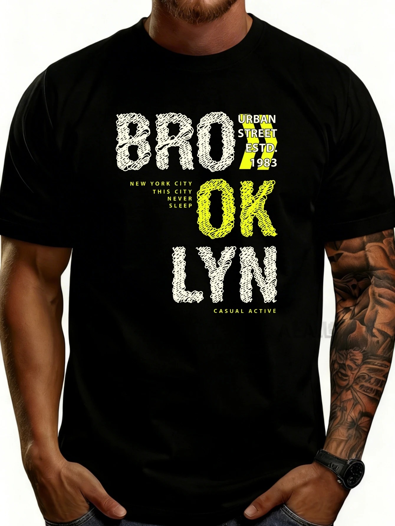 Urban Street Style Men's T-Shirt with Brooklyn New York City Graphic Print, Casual Sportswear Suitable for Daily Wear and as a Gift for Friends and Family