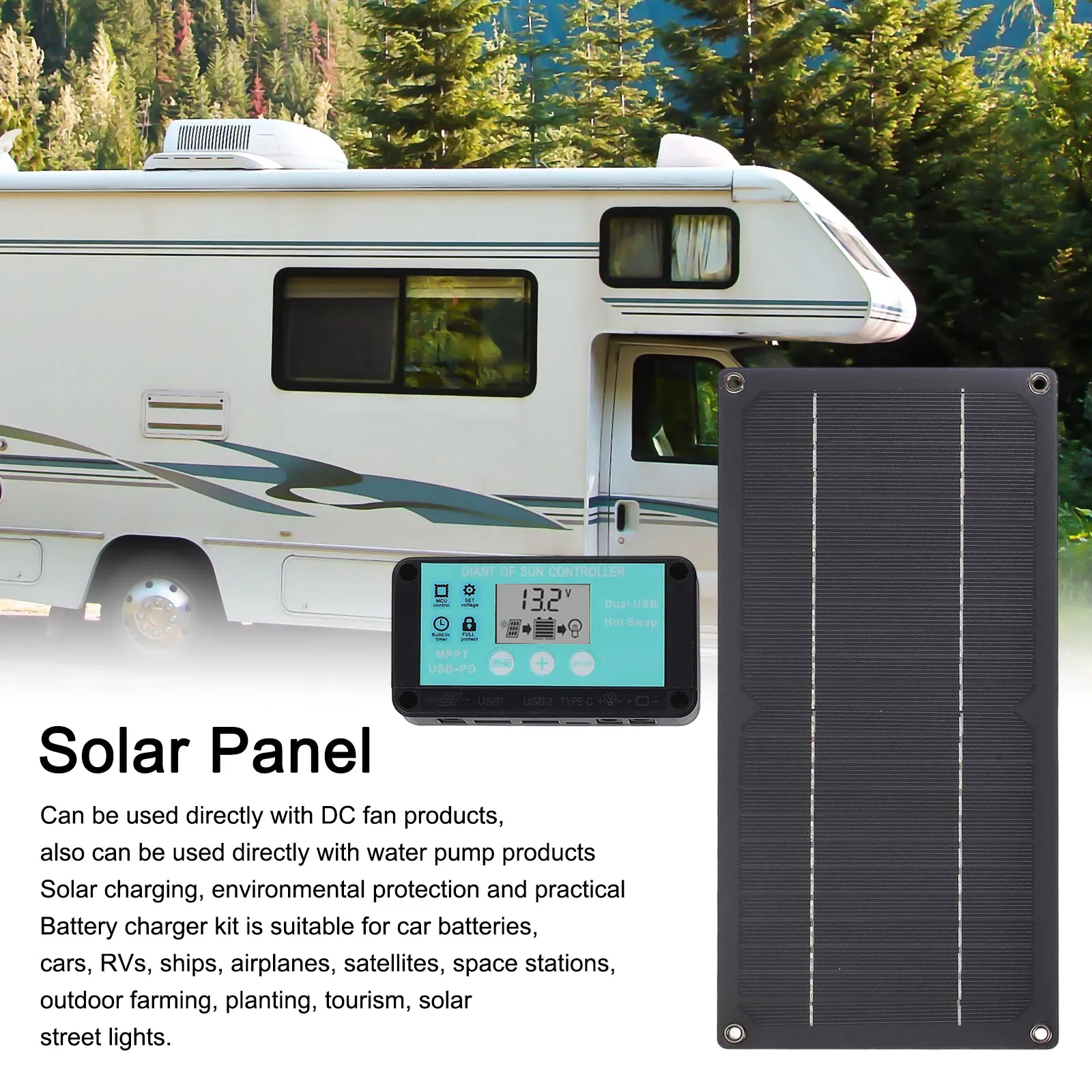 

Солнечная панель 600 Вт, контроллер зарядки 100 А, соединительный провод, присоски, автомобильный зарядный кабель, выходной зажим, комплект солнечных уличных фонарей