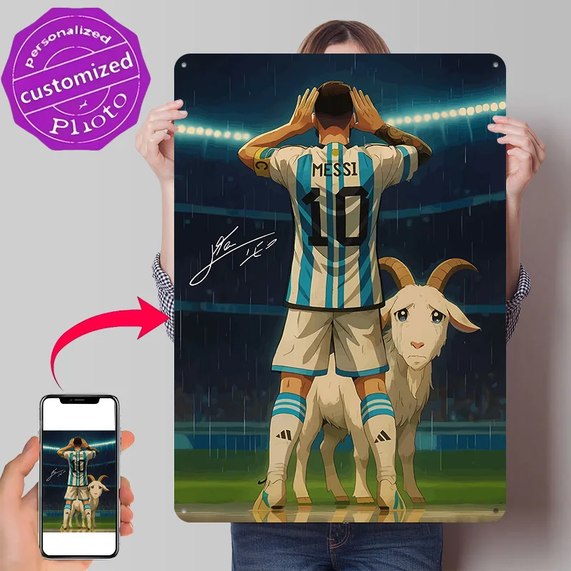 Messi and Goat Cartoon Illustration Personalized 3D Textured Metal Poster Wall Art Vintage Tin Signs for Home Decor Items Room