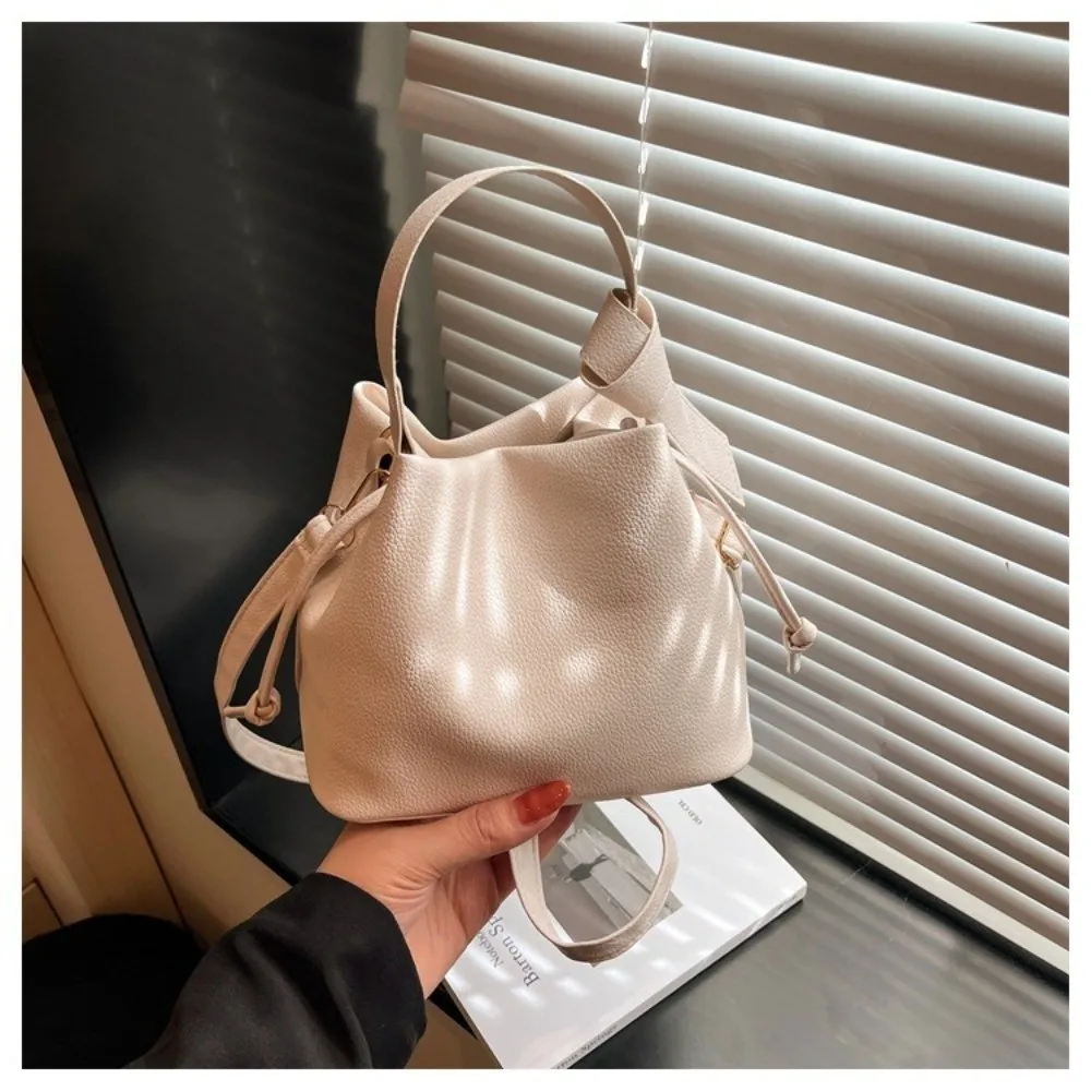 New Top Handle Drawstring Bucket Bag Solid Color Removable Strap Crossbody Handbag Multi-Way Shoulder Bag For Women