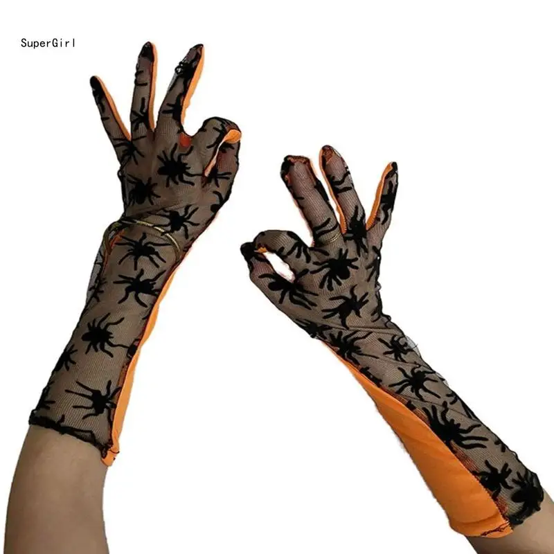 Halloween Party Gloves Orange Spiders for Operas Proms for Women and Girls Spiders Theme Musical Operas Dancing J78E