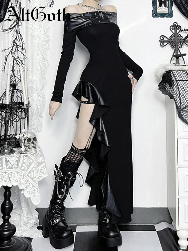 

AltGoth Cyber Punk Gothic Midi Dress Women Vintage Streetwear Emo Alternative Grunge Pu Patchwork Off The Shoulder Party Dress