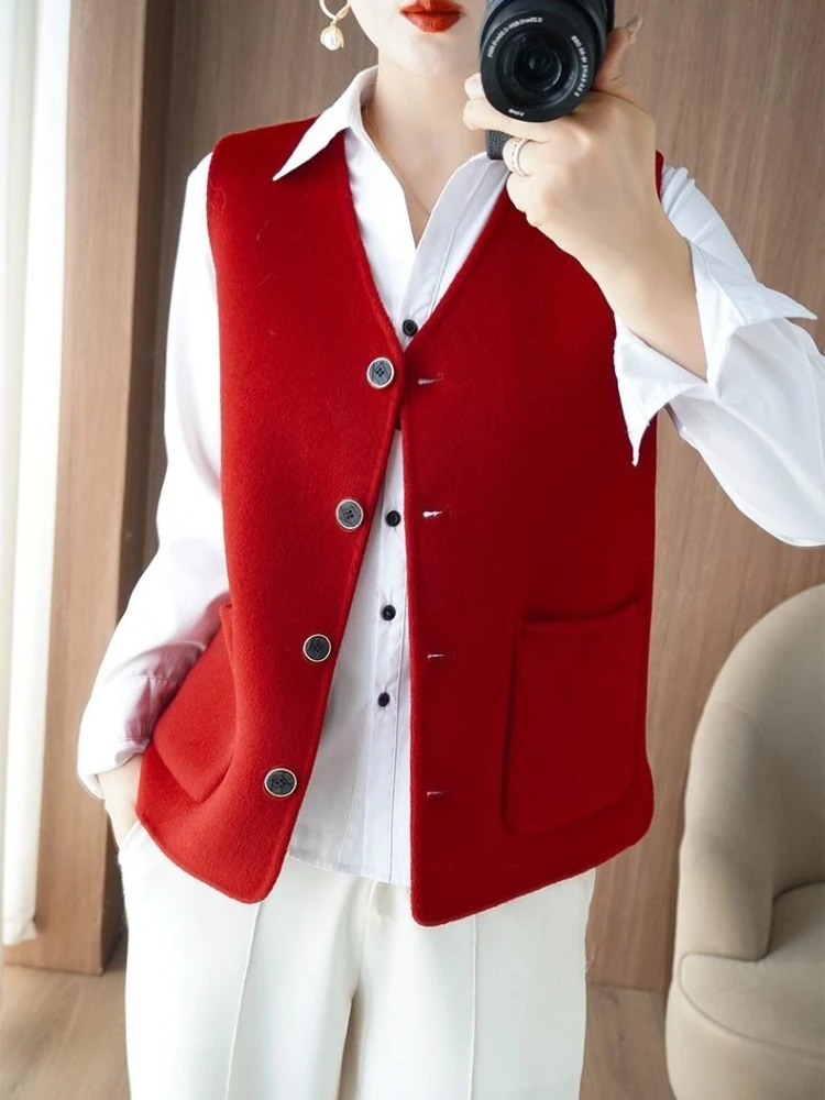 2025 New Arrival Women's V Neck Short Woolen Vest  Style Premium Faux Fur