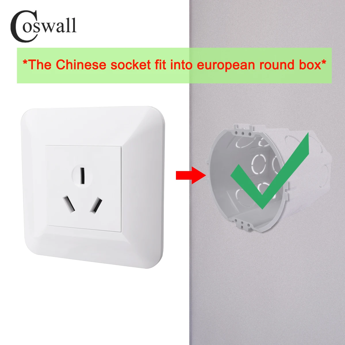 Coswall E45 Series Glass / Plastic Panel Chinese socket Grounded 16A 3 Pin Socket Fit Into European Round Box