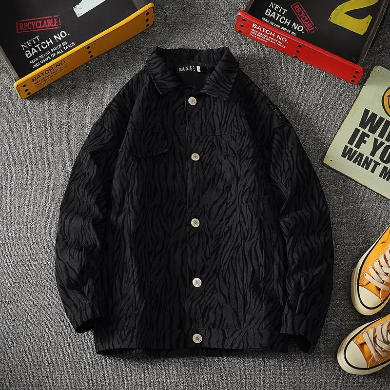 

Повседневная мужская джинсовая куртка в полоску с зеброй, осенне-весенняя модная свободная куртка из Гонконга Sle Haome для отдыха с леопардовым принтом