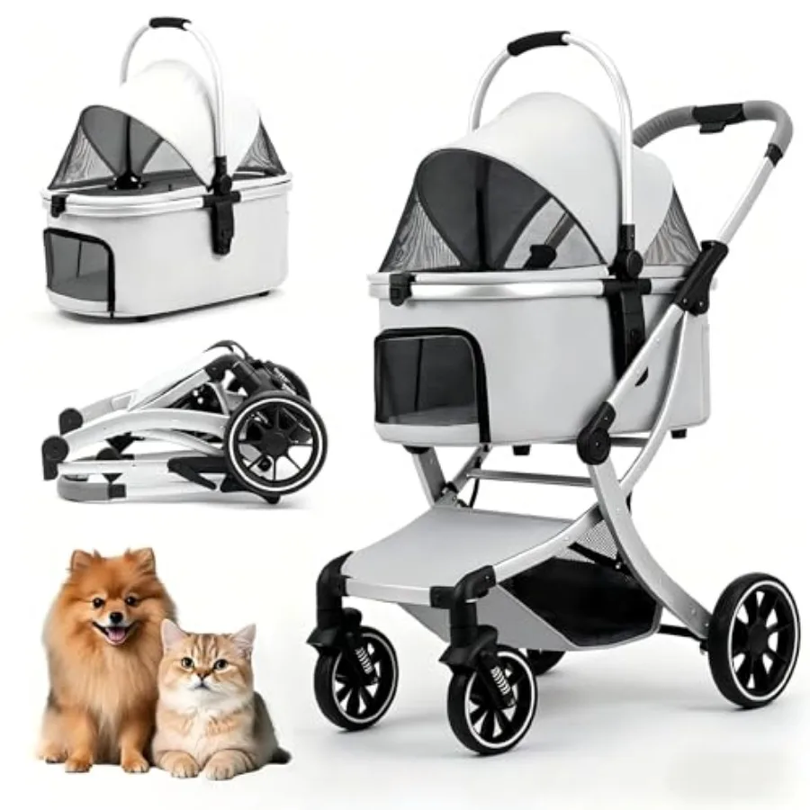 

3 in 1 Pet Stroller for Small/Medium Dogs and Cats with Detachable Carrier, Storage Basket and Pet Pad, 4 Wheels Foldable Pet T