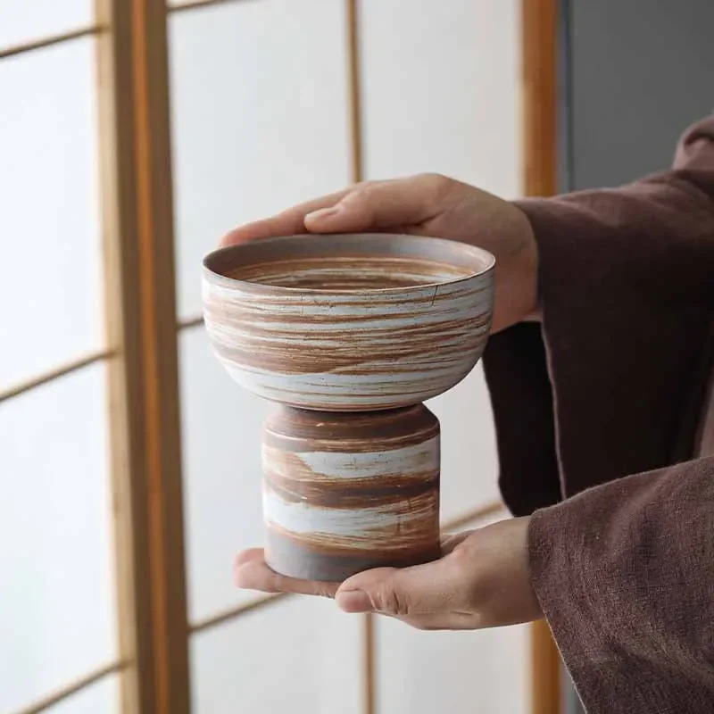 Japanese Style Handmade Ancient and Simple Dual-Purpose Flower Holder Fruit Plate Stoneware Tea Cake Tray Hydroponic Vessel