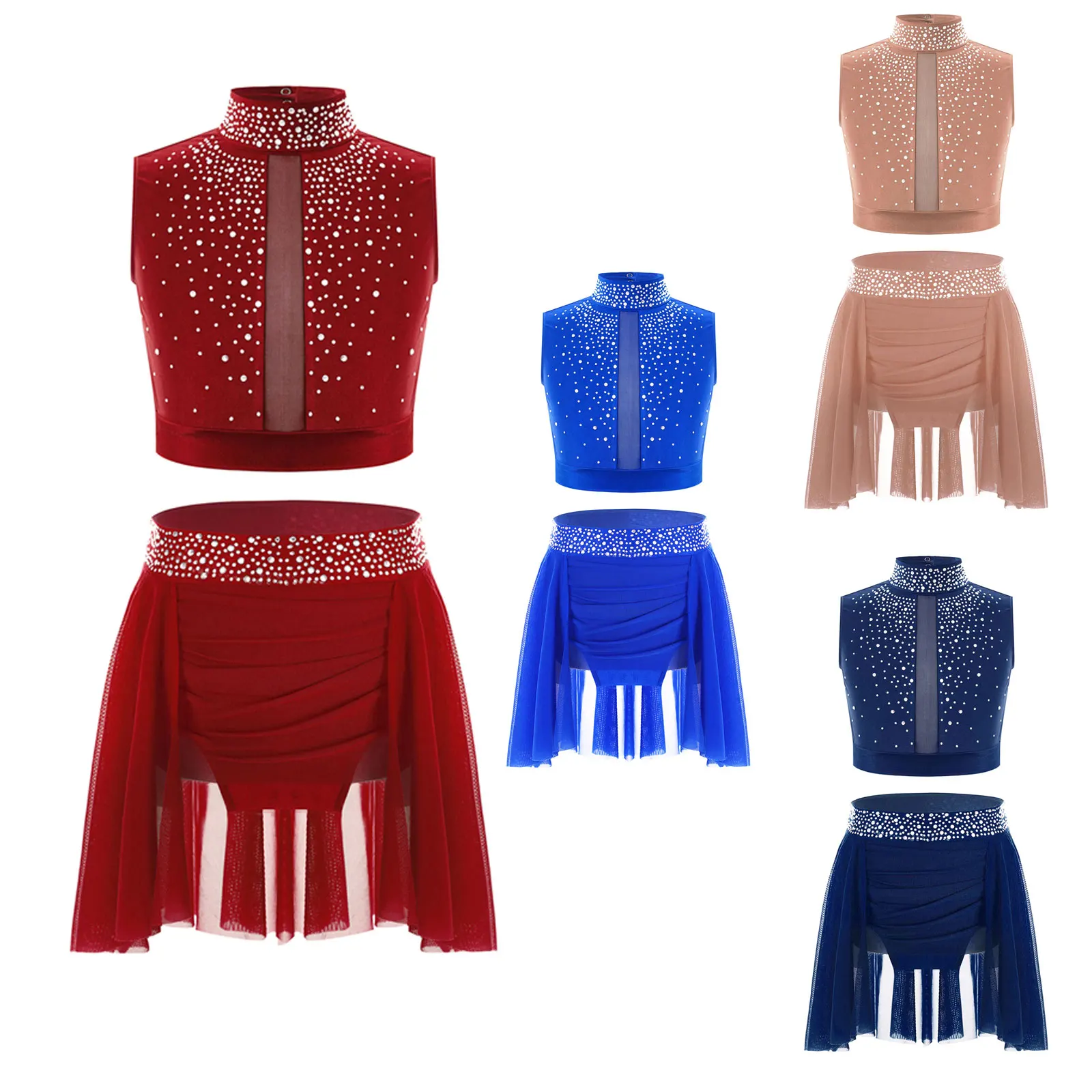 Modernes lyrisches Tanz-Performance-Outfit für Teenager-Mädchen, ärmelloses Crop-Top mit Trikotrock zum Skaten, Jazz, Ballett, Gymnastik