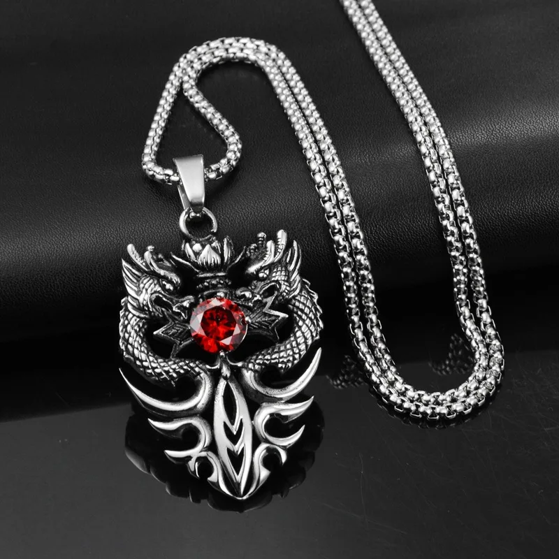 

Gothic Retro Rhinestone Double Dragon Sword Pendant Ins Hip-Hop Men's Fashion Personality Versatile Necklace Jewelry Accessories