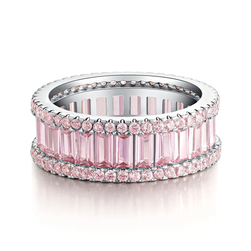 

new high carbon diamond s925 sterling silver ring women's full diamond pink diamond row ring high sense ins wind simple ring