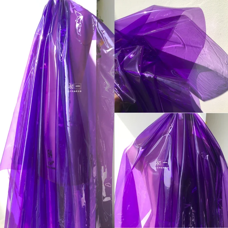 Purple Laser Liquid Jelly Film TPU Fabric Transparent Rubbed Traceless Raincoat Clothing Designer DIY for Sewing Material Cloth