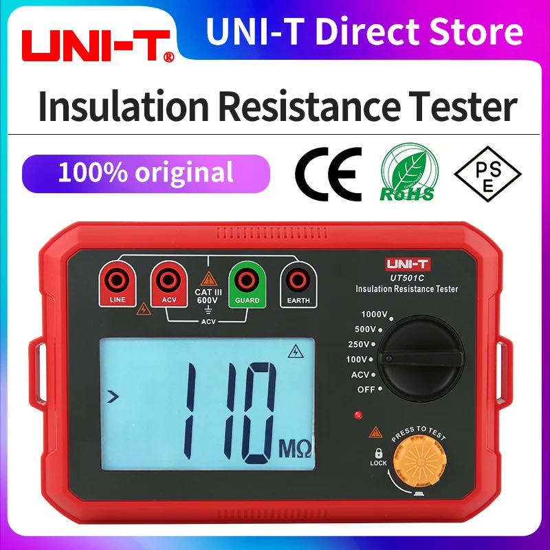 UNI-T Tester rezystancji izolacji UT501C 100V 250V 500V 1000V cyfrowy megaomomierz 5GΩ wysokonapięciowy kabel silnikowy Ohm megaomomierz