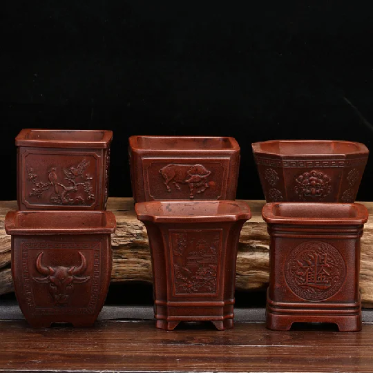 

Chinese Antique Purple Clay Bonsai Pots Engraving Painting Pavilion Square Flower Pot Garden Balcony Desktop Decorations