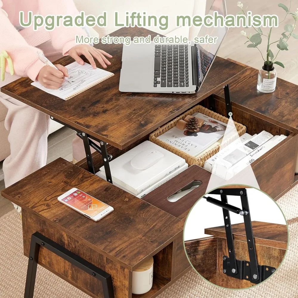 Wood Lift Top Coffee Table with Hidden Compartment and Storage Shelf for Living Room/Office Reception, Rising Tabletop