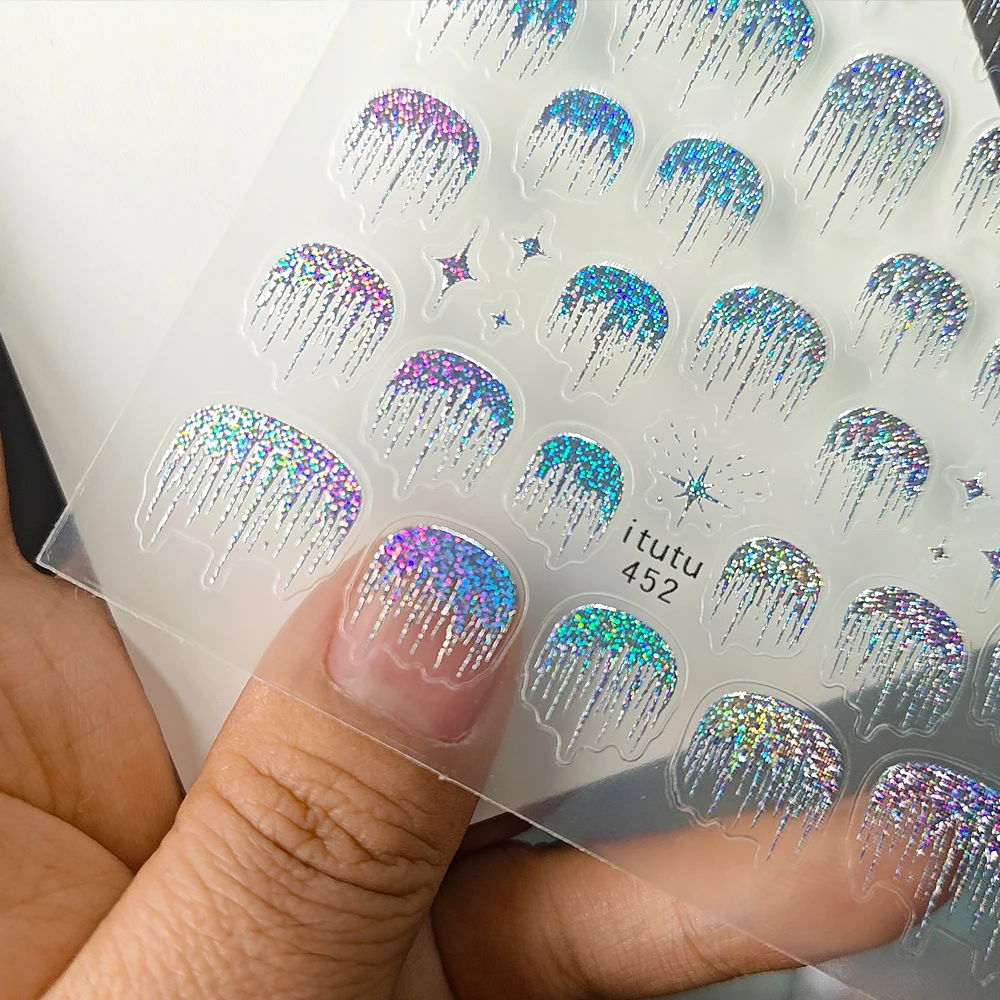 1 個 5D レーザーシルバー反射フレンチネイルステッカーホログラフィックスパークル滝タッセルデザインネイルデカール Y2K オーロラバースト