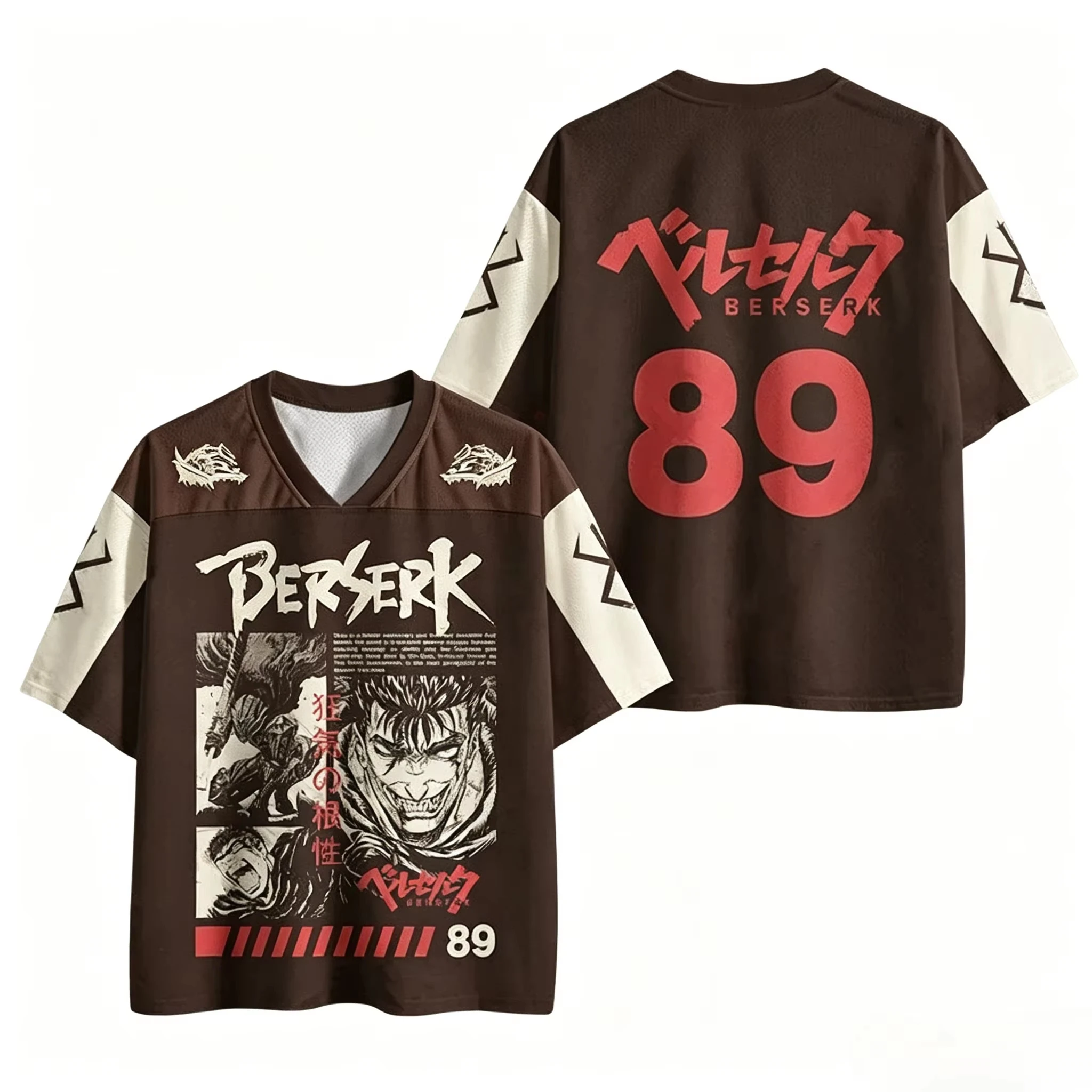Berserk Anime Number 89 Graphic Mesh Jersey V Neck Short Sleeve Loose Unisex Streetwear Sports Tee For Men Women