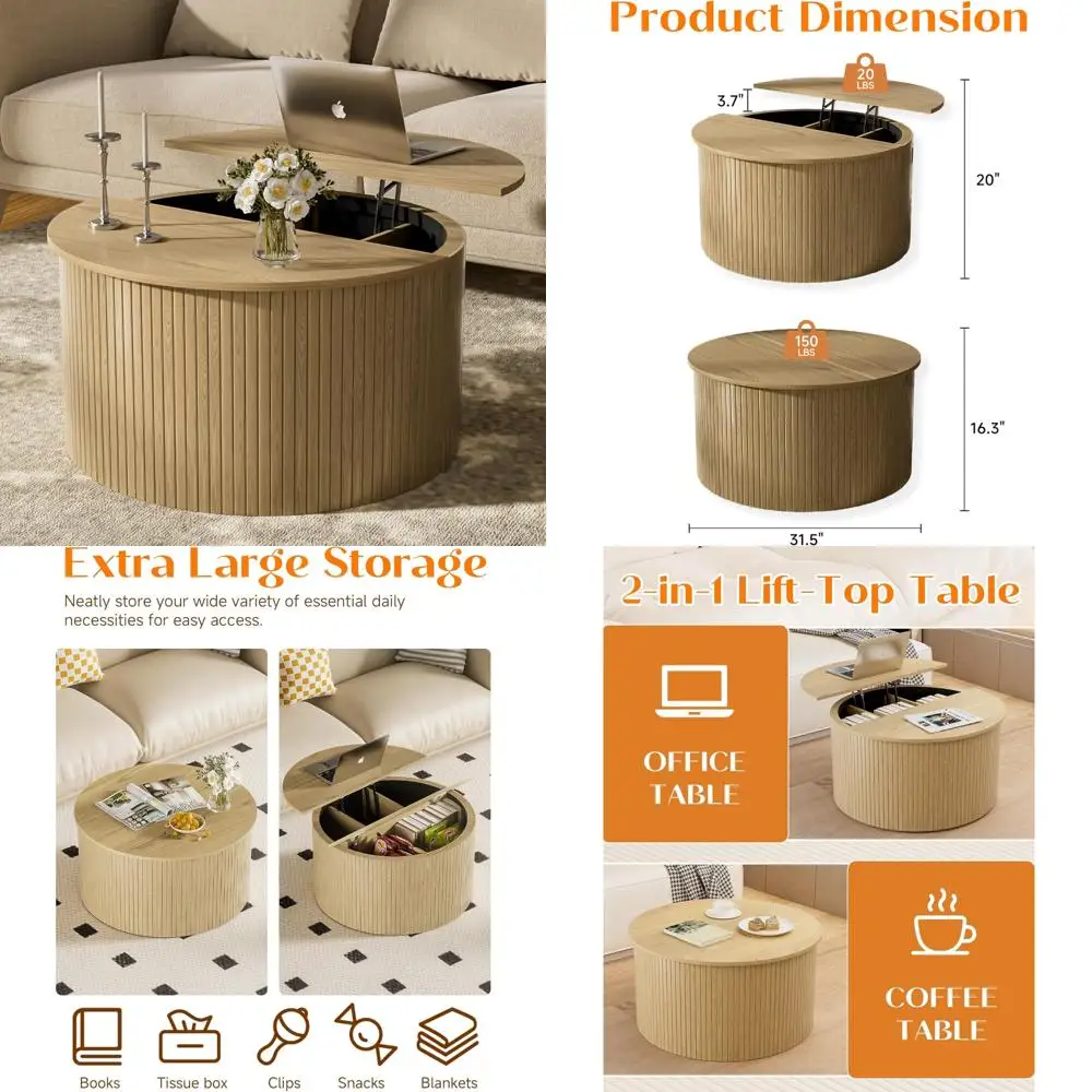 Круглый дубовый журнальный столик с подъемной столешницей и местом для хранения вещей для гостиной, небольшой круглый дизайн