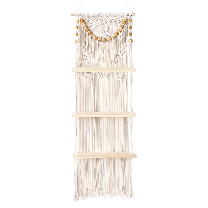 Y17A Macrame Wall Hanging 3-Tier Floating Wall Shelves For Bedroom, Bathroom, Nursery, Boho Wall Decor Shelves For Plant Pot