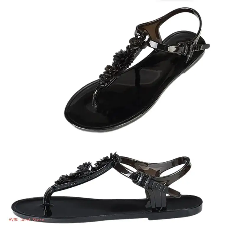 Sandali infradito con fiori bohémien da donna, infradito estivi in PVC con tacco basso da spiaggia