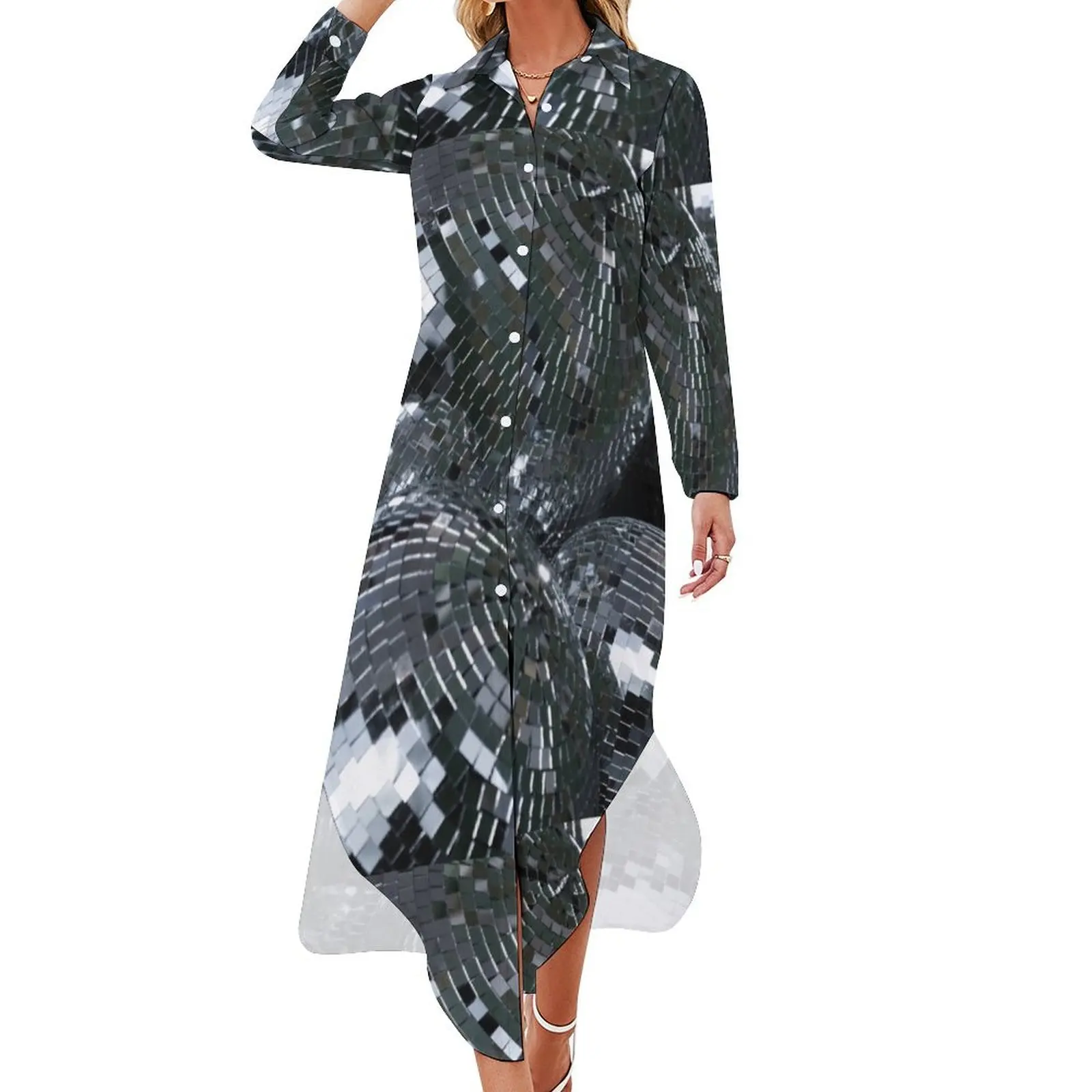 

Silver Disco Balls Long Sleeved Shirt Dress dress for woman party dresses women