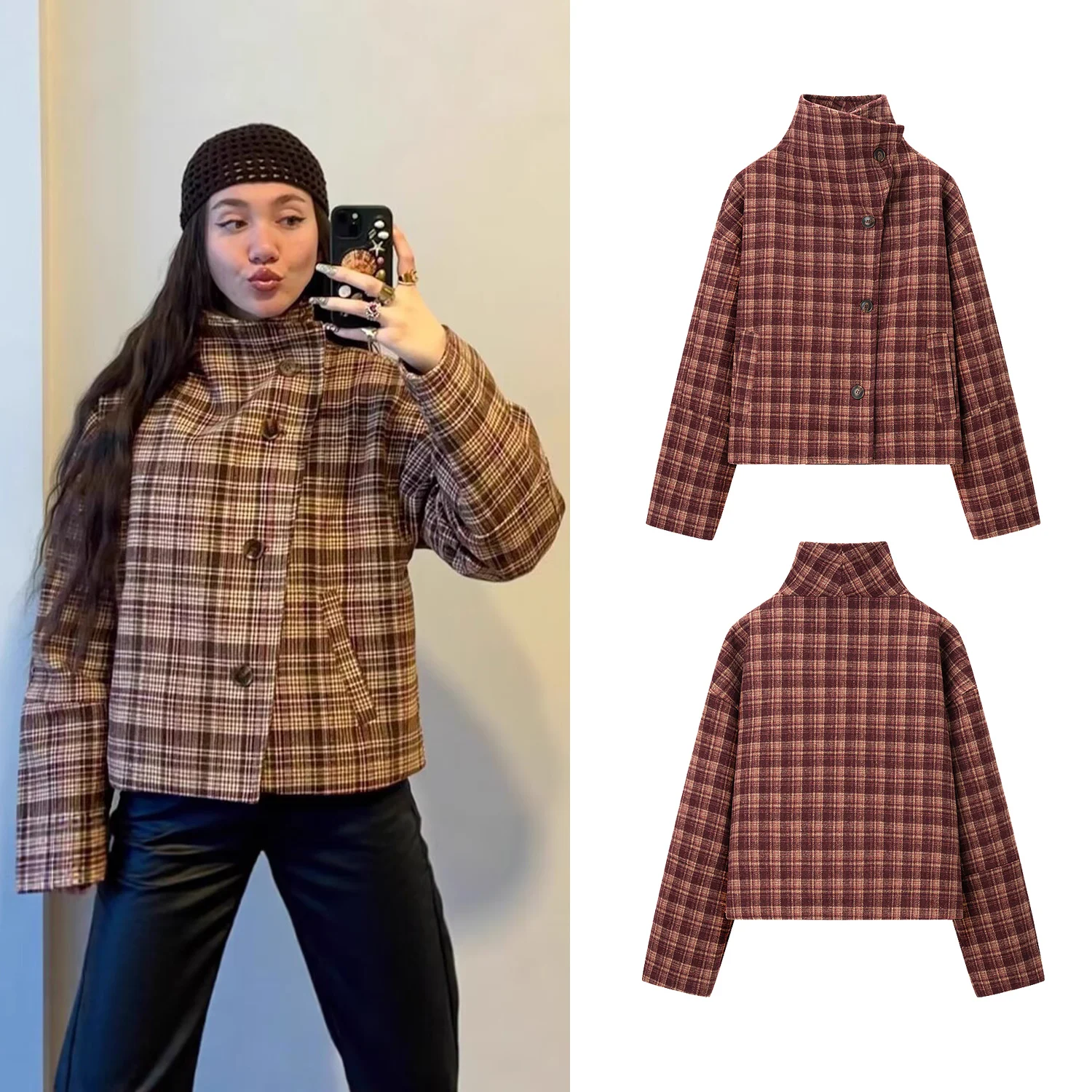 

Женское винтажное шерстяное пальто в клетку, женская короткая куртка с воротником-стойкой и длинными рукавами, женская осенне-зимняя верхняя одежда, уличная одежда