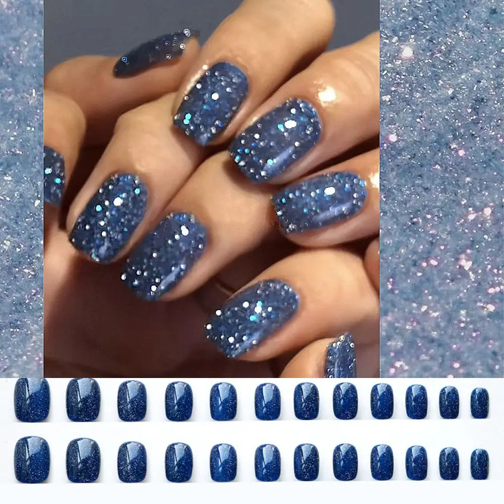 24 stks/doos afneembare korte ronde/vierkante kop kunstnagels draagbare glitter pailletten nepnagels volledige dekking nageltips druk op nagels