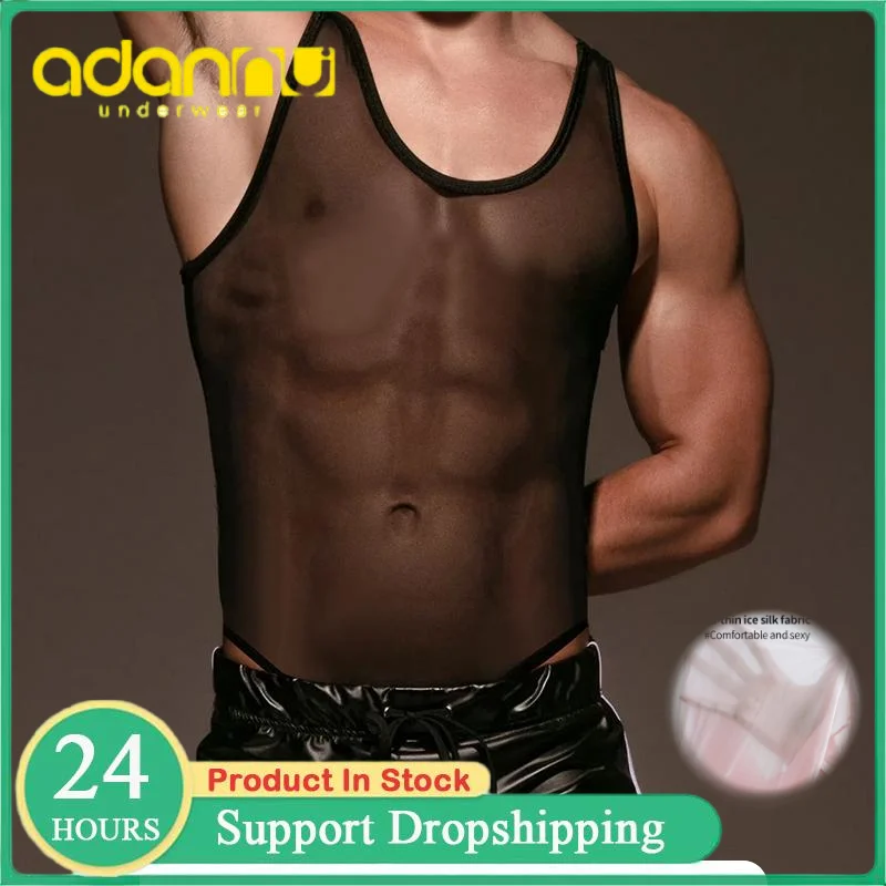 

Men Transparent Mesh Bodysuit Sexy Fitness Compression Sleeveless Thin Rompers Underwear Skinny Fashion Male Bodysuits Thongs