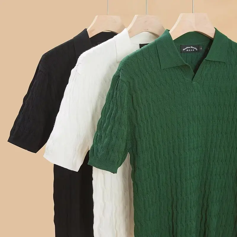

Mens Knitted Shirt Short Sleeve Turn-down Collar Slim Fit Trendy T-shirt Light Maturity Half Sleeve Personality Top