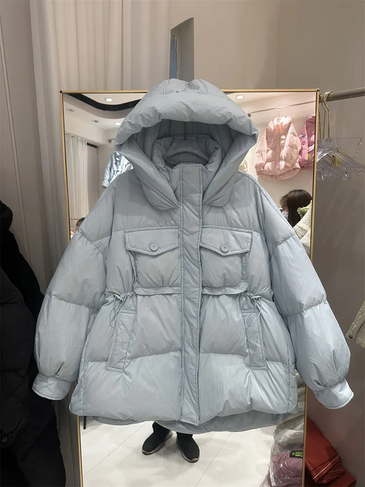 Casaco grosso de puffer estilo coreano feminino, 90% jaqueta de pato, com capuz, solto, casual, quente, Parkas femininas, outono, inverno