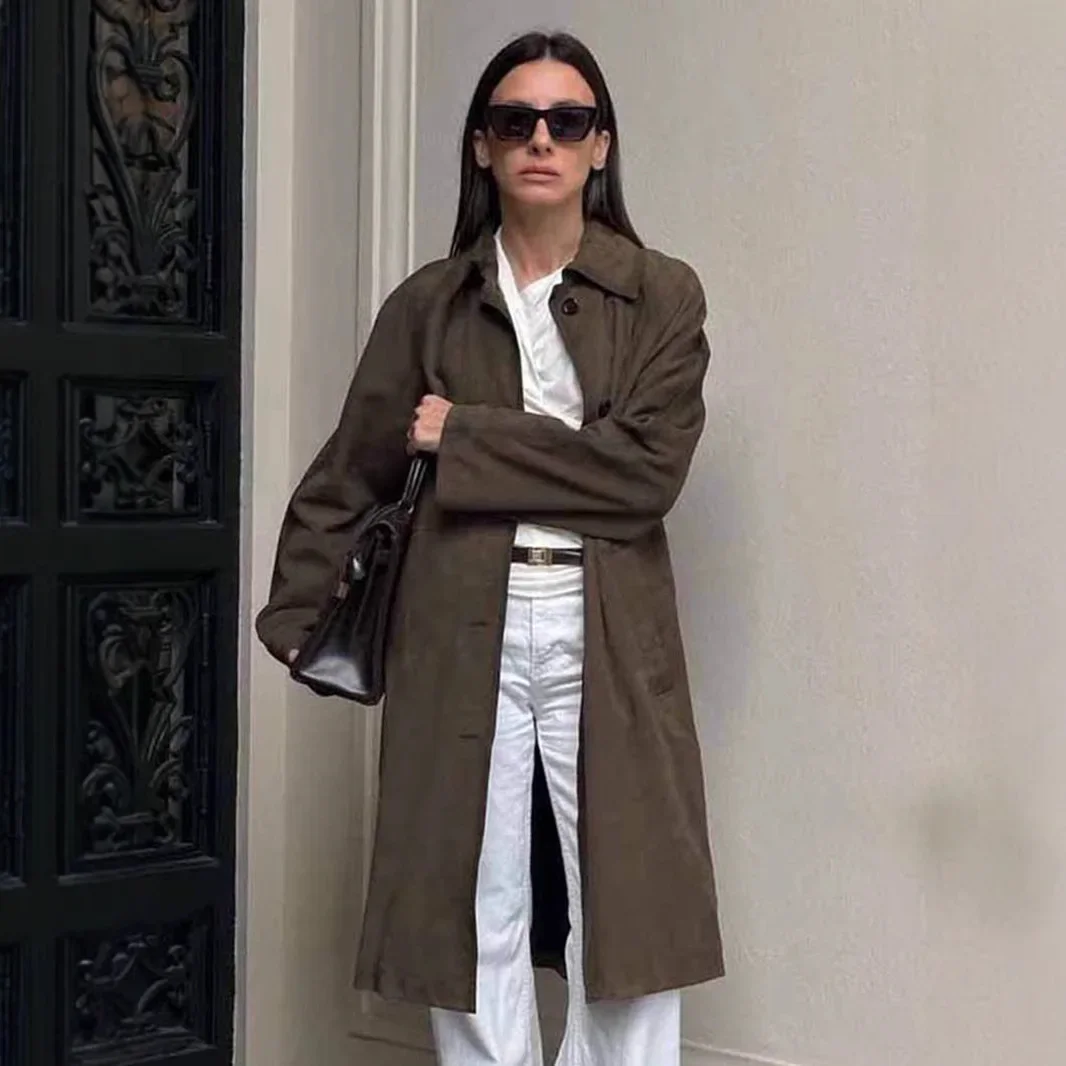 Outono e inverno retro marrom camurça casaco feminino longo high-end solto lapela jaqueta commuter roupas femininas