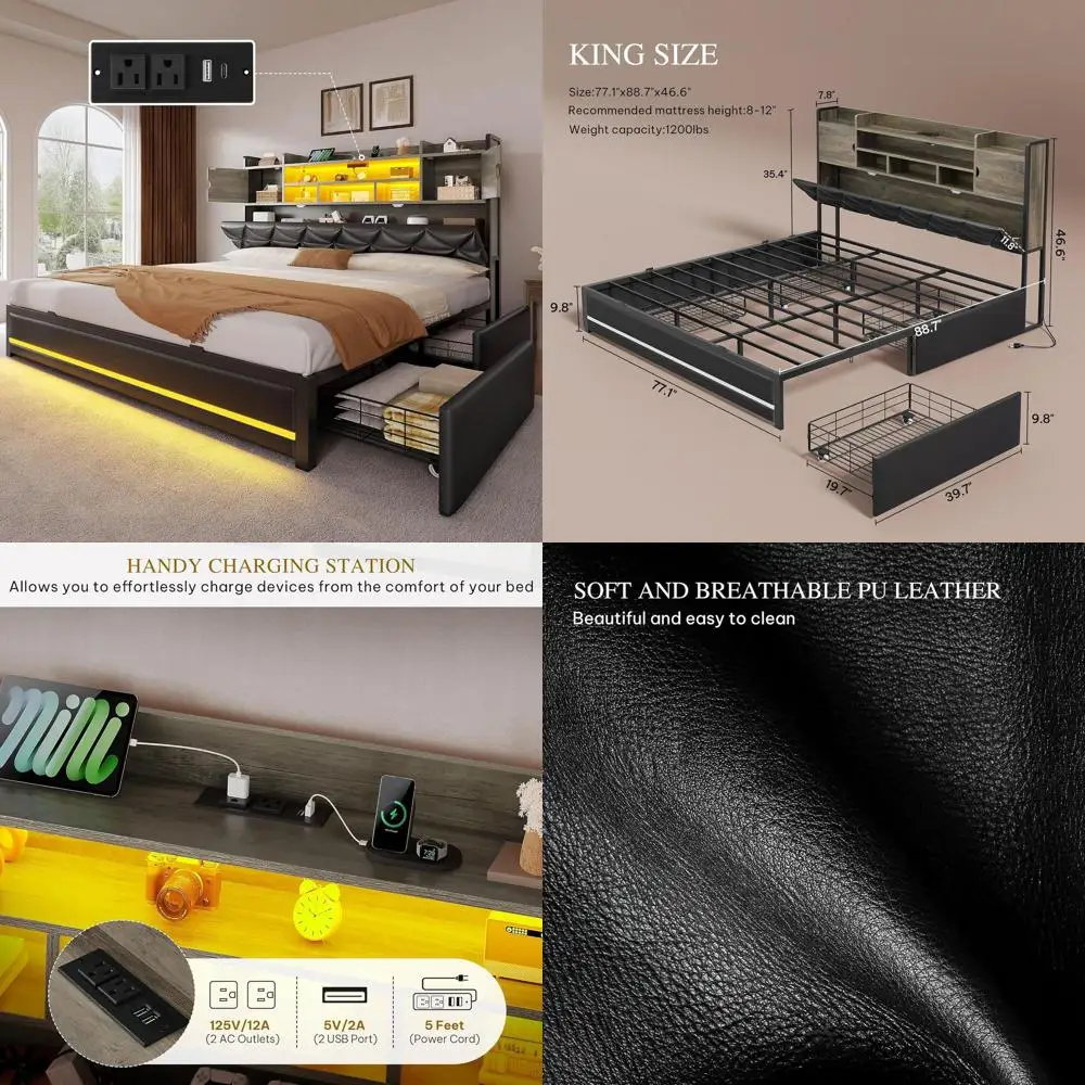 

King Size Bed with RGB LED Lights, Storage Bookcase, Upholstered, Charging Station, 4 Drawers, No Box Spring, Easy Assembly, Noi