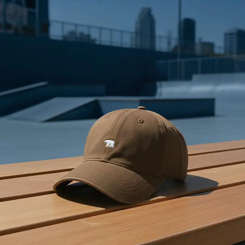 Unisex Bear Design Baseball Cap – Soft Khaki Fabric Cap, Stylish Outdoor Hat