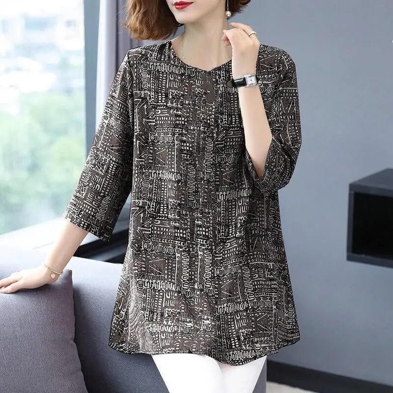 2023 Summer Women Fashion Print Round Neck Three Quarter Sleeve Elegant T Shirts Loose Tunic Ladies Tops Ropa De Mujer Camisetas