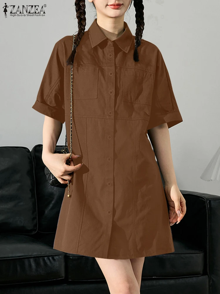 ZANZEA Women Turn-down Collar Solid Mini Dress Half Sleeve Commute Seam Detail Shirt Dress Casual Button Up 2025 Summer Vestidos