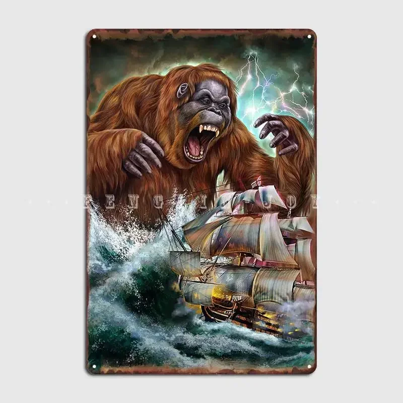 Póster de metal Monster Orangutan Kraken, placa retro para pub, garaje, cartel de hojalata