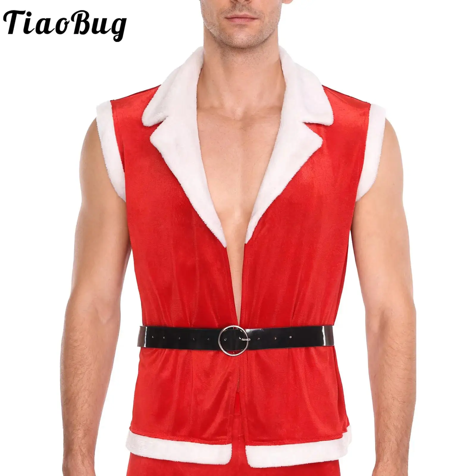 

Men Christmas Party Costume Santa Claus Waistcoat Roleplay Notched Collar Sleeveless Open Front Velvet Vest with Adjustable Belt