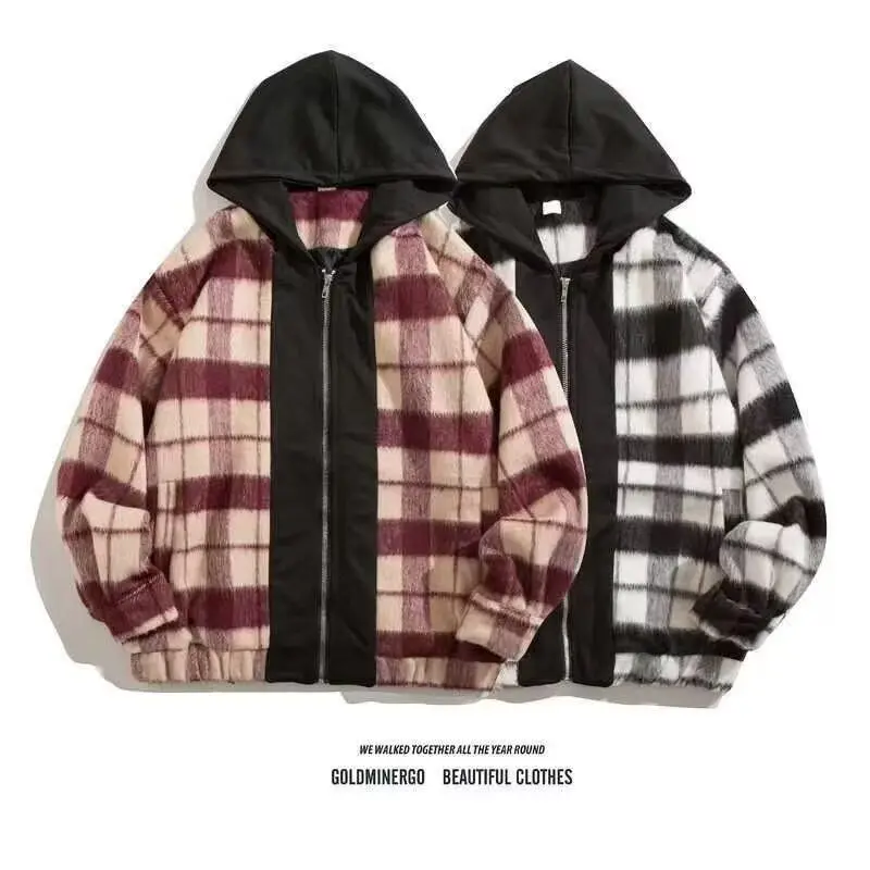 

Retro Plaid Hooded Thiened Cotton Jaet Casual Large Size Spring Autumn New Sle Warmth Outerwear for Youth Stand Fit
