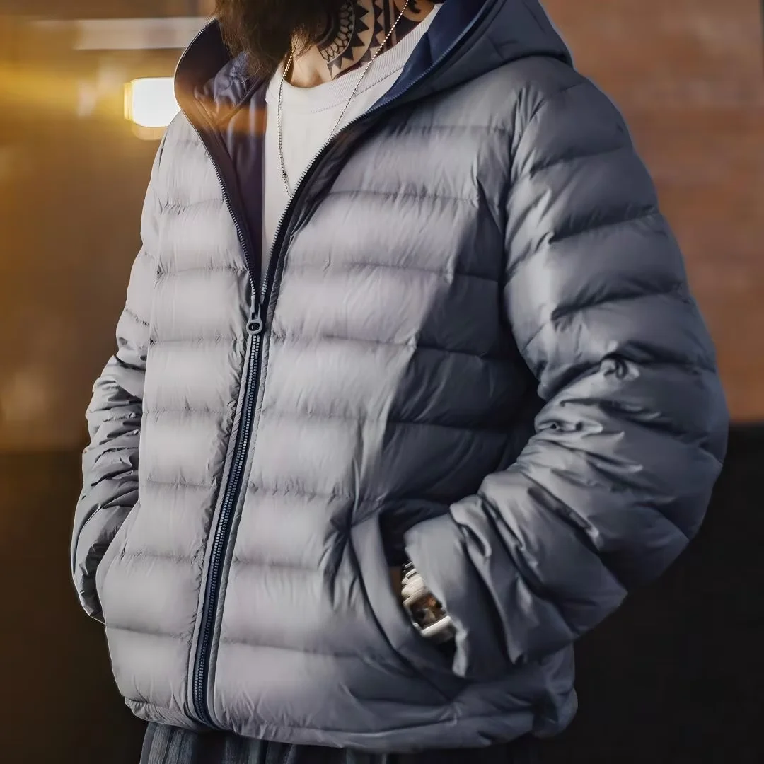Maden Men's Winter Hooded Down Jacket Lightweight Hydrophobic White Duck Down Filling Warm Inner Layer Coat for Fall Winter