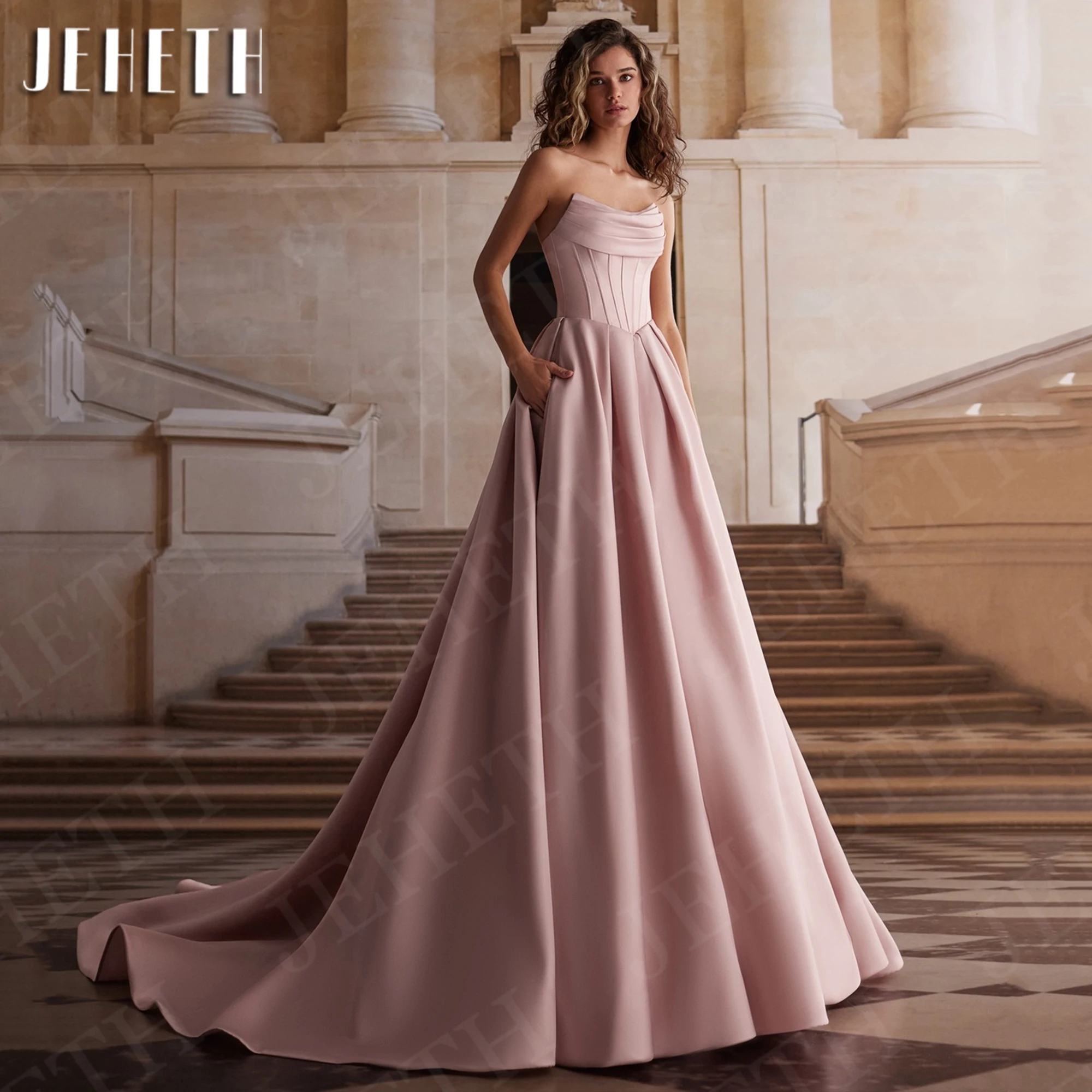 JEHETH Elegant Black Evening Dress A Line Satin Strapless Ceremony Dress Party Sweep Train Pockets Simple فساتين حفلة موسيقية