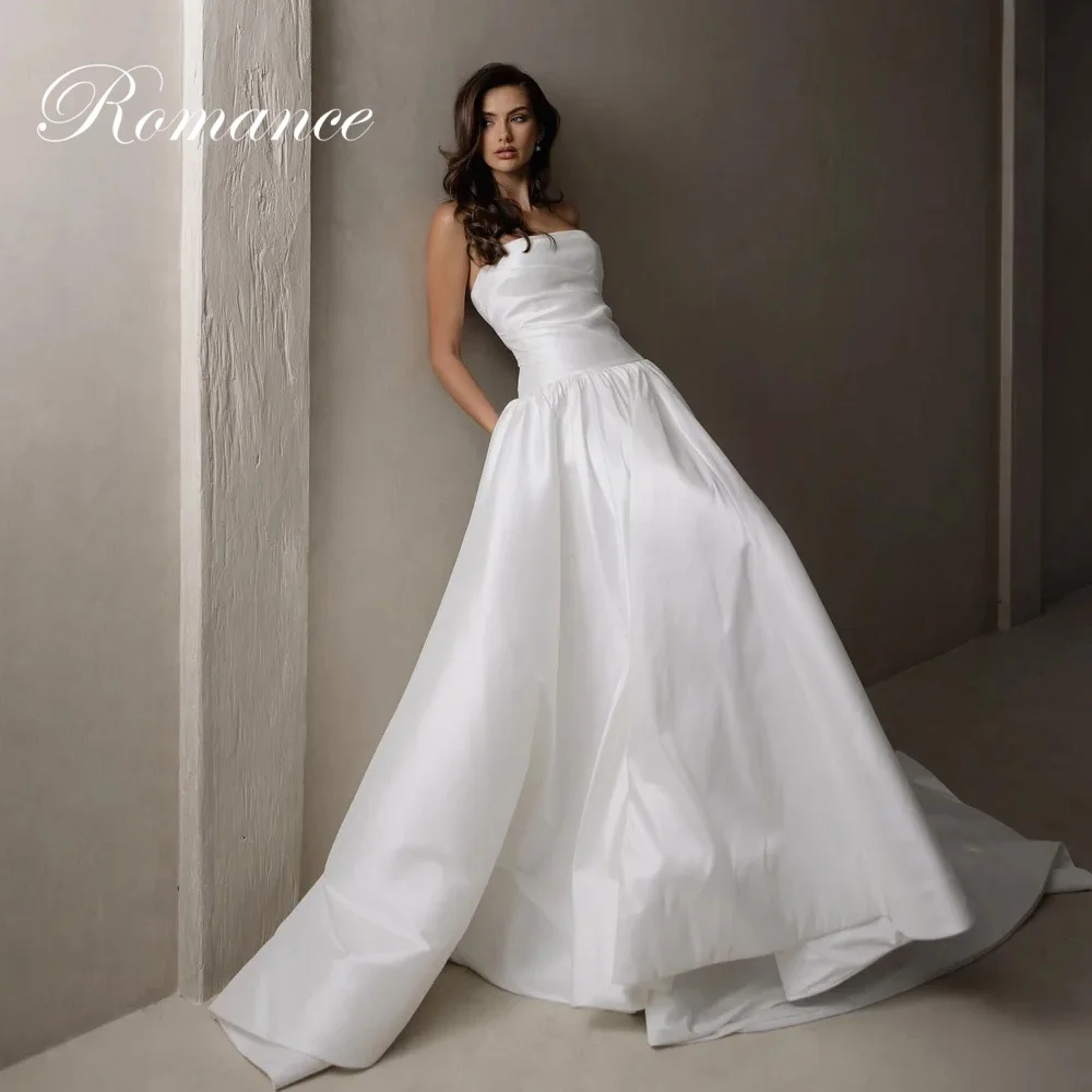 Moderno sem alças a linha vestidos de casamento de cetim feminino 2025 plissado sem costas sem mangas busttons trem vestidos de novia personalizado