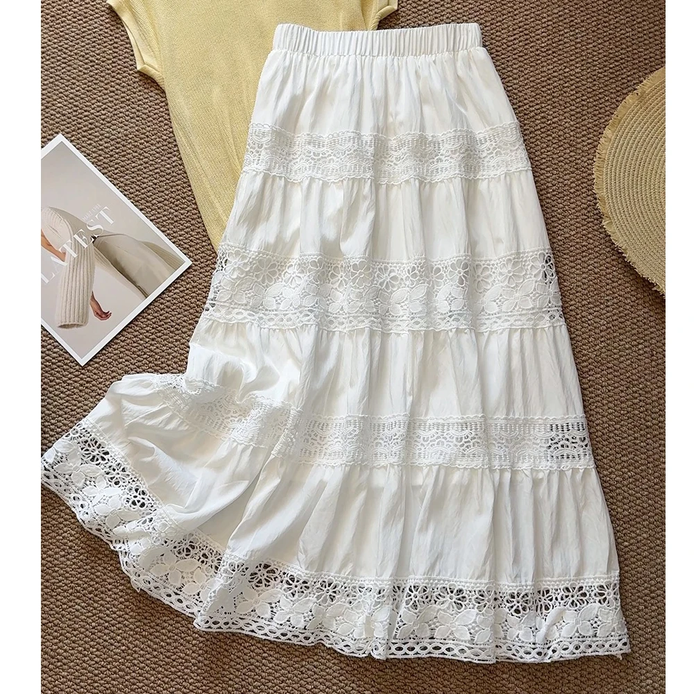 

Women Summer Long Skirts High Waist Hollow Out Design Patchwork Boho Skirt Cotton Maxi Skirts Faldas Femme Streetwear