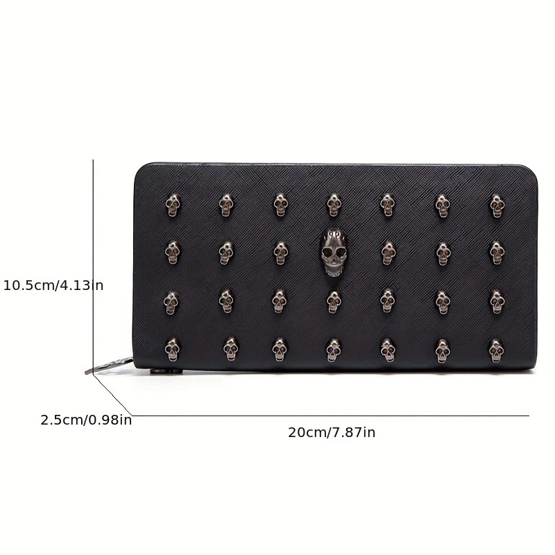 Portafoglio da donna con teschio in metallo alla moda, pochette lunga Punk, portafogli da donna di grande capacità, custodia per cellulare con porta