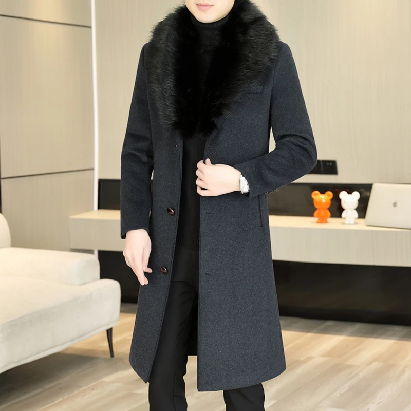 Classic 2024 Winter Men's Solid Woolen Coats Outwear Casual Fur Collar Detachable Long Wool Windbreaker Jackets Thick Top Trench