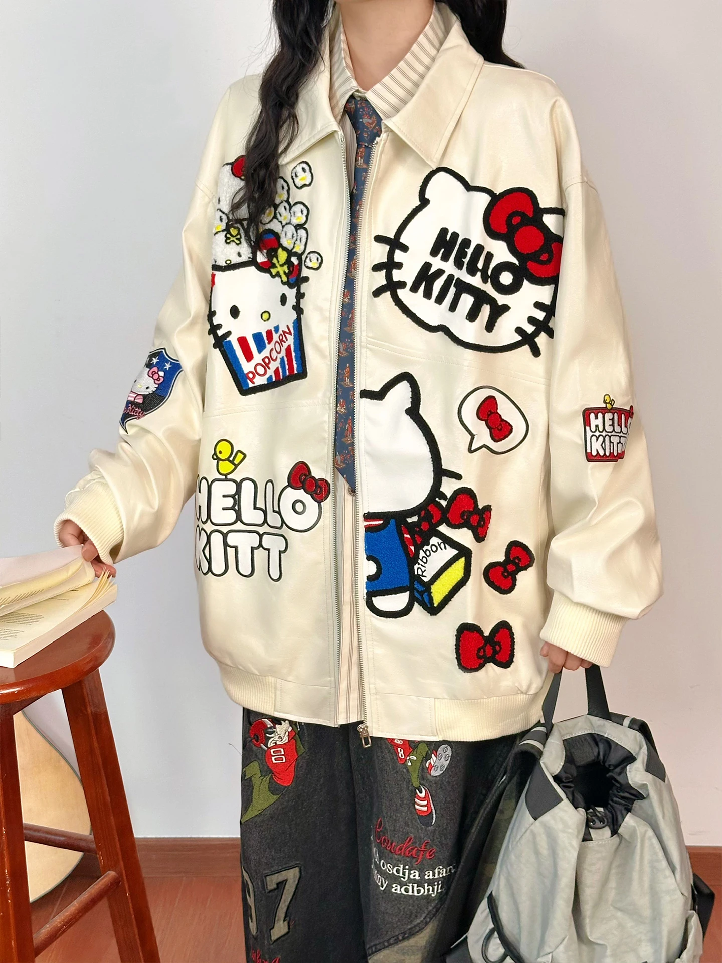 オリジナルアメリカン Sle 漫画刺繍 PU レザー Jaet 女性ルーズカレッジ Sle トップトレンディなブランドストリートウェアアウターウェア