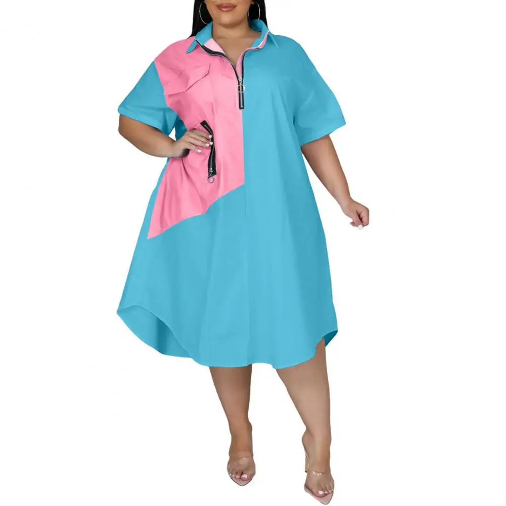 Vestido Midi de talla grande para mujer, traje holgado con Bolsillos y solapa, cuello con cremallera y cinturón, camisa de Color de contraste de tiro medio, ropa de calle, 2023